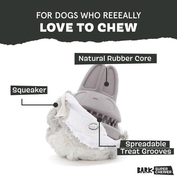 BARK Super Chewer Hare Raiser 2-in-1 Plush Exterior with Tough Center Treat Dispensing Dog Chew Toy
