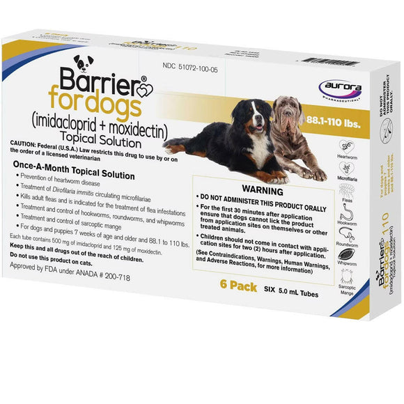 Barrier Topical Solution for Dogs 88.1-110 lbs (Yellow) - 6 Doses (6-mos. supply) - Pet Medicine 2