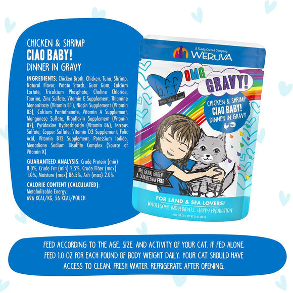Cat food package with Weruva branding and ingredients list on a blue background