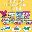 Collection of pet food cans and packaging with promotional text on a yellow background
