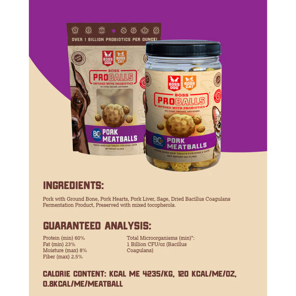 Boss Dog Proballs Freeze Dried Raw Pork Meatballs with Probiotics Treats for Dogs & Cats