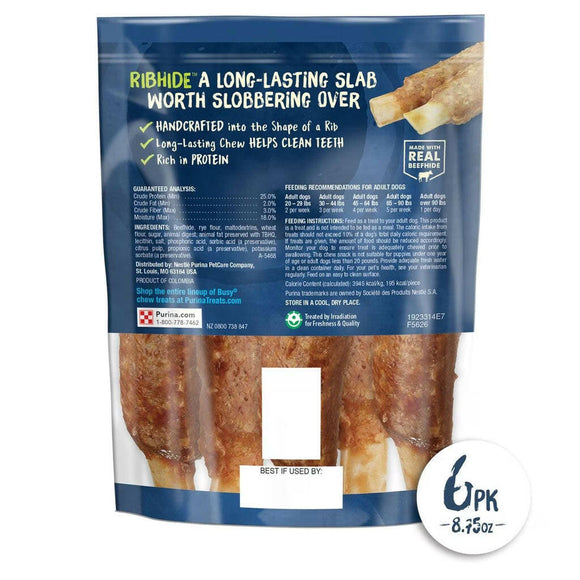 Back label of Purina Busy Rib Hide Long-Lasting Beef Hide Chew Small/Medium Dog Treats