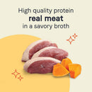 Meat and carrots with text 'High quality protein real meat in a savory broth' on a beige background
