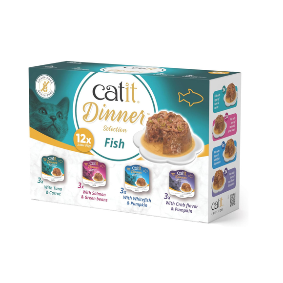 Catit Dinner Variety Pack Grain-Free Fish Wet Cat Food Topper, 3-oz Can, Case of 12 Cat Food.