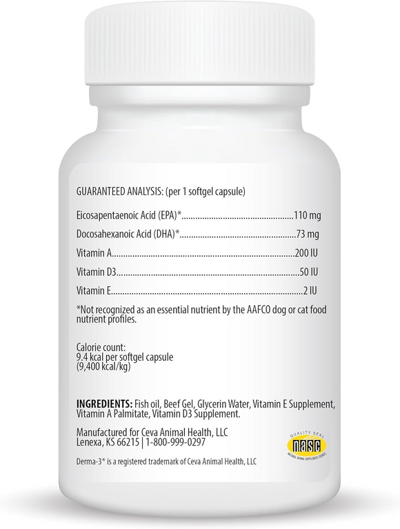 Ceva Derma-3 Omega-3 Fatty Acid & Vitamins for Small Dogs (60 soft gels) - Dog Vitamins & Supplements 3