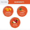 Ingredients list with pumpkin, carrot, and apple illustrations and descriptions on a white background.