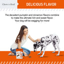 Woman petting a Dalmatian dog with a bag of dog treats on an orange background, featuring text about delicious flavors.