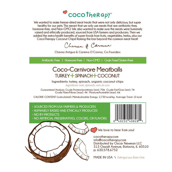 Coco Therapy Coco-Carnivore Meatballs label with product details and branding.