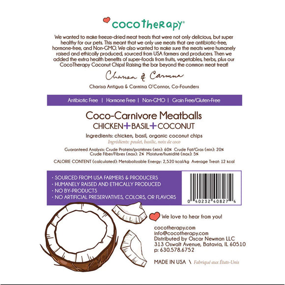 CocoTherapy Coco-Carnivore Meatballs label with product details and branding.