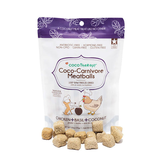 Bag of Coco-Carnivore Meatballs with coconut meatballs on a white background