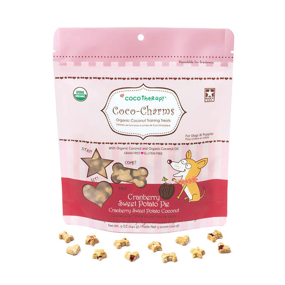 Package of Coco Therapy Coco-Charm treats for dogs and puppies on a white background