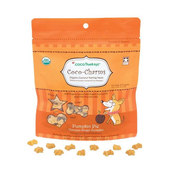 Orange package of Coco Therapy Coco-Charms dog treats with a cartoon fox on a white background