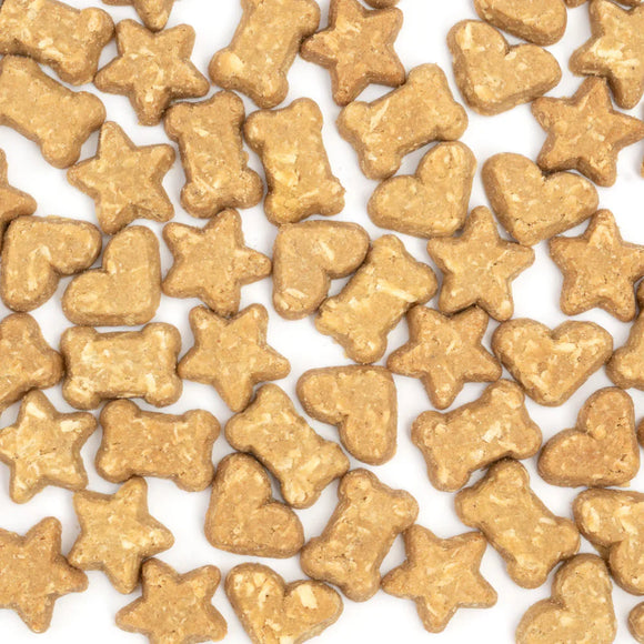 Dog treats shaped like bones, stars, and hearts on a white background