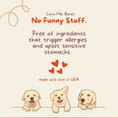 Product label with cartoon dogs and text about ingredients and origin, featuring the brand 'Coco-Milk Bones'.