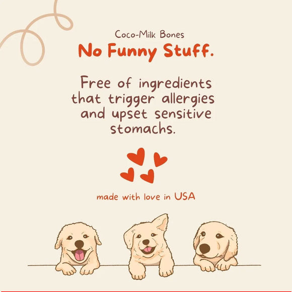 Product label with cartoon dogs and text about ingredients and origin, featuring the brand 'Coco-Milk Bones'.