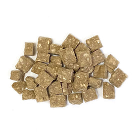 Brown square-shaped snacks on a white background