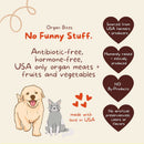 Advertisement for Organ Bites pet food with text about product attributes on a beige background.