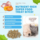 Advertisement for Organ Bites Turkey nutrient-rich super food treat bites with ingredients and images of a dog and cat.