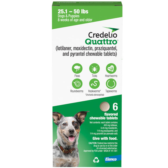 Credelio Quattro Flavored Chewable Tablets for Dogs - 25.1 to 50 lbs (Green) / 6 Chewable Tablets (6 month supply)