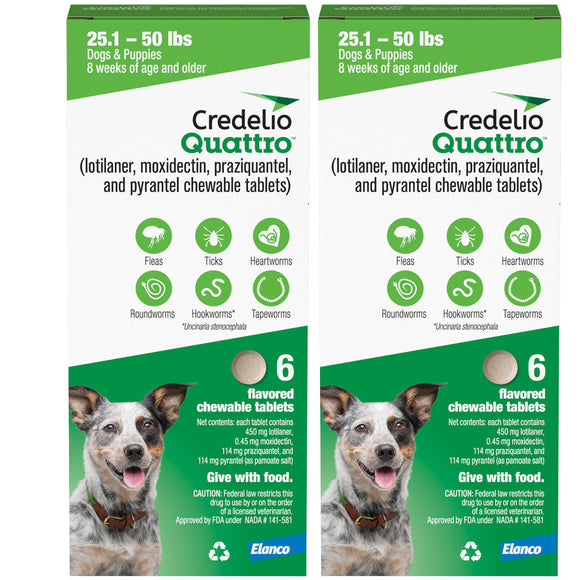 Credelio Quattro Flavored Chewable Tablets for Dogs - 25.1 to 50 lbs (Green) / 12 Chewable Tablets (12 month supply)