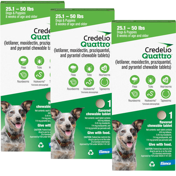 Credelio Quattro Flavored Chewable Tablets for Dogs - 25.1 to 50 lbs (Green) / 3 Chewable Tablets (3 month supply)