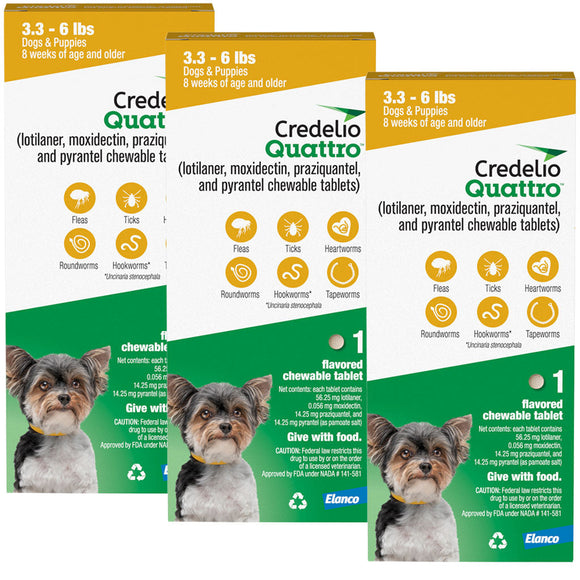 Credelio Quattro Flavored Chewable Tablets for Dogs - 3.3 to 6 lbs (Yellow) / 3 Chewable Tablets (3 month supply) - Pet