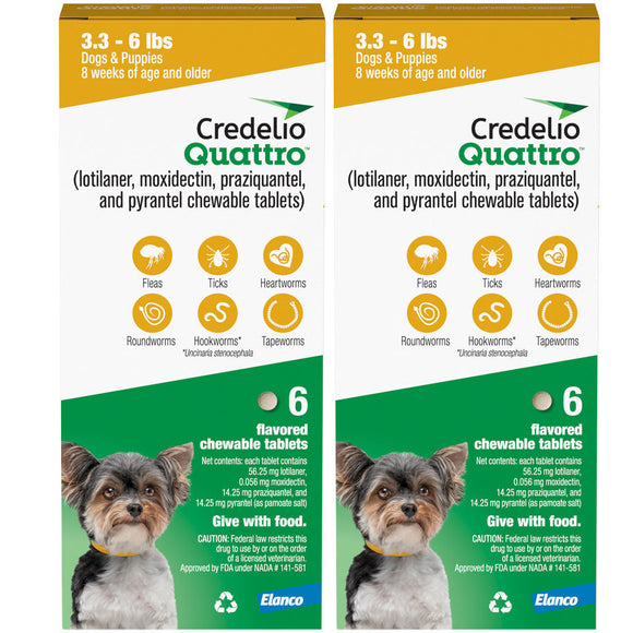 Credelio Quattro Flavored Chewable Tablets for Dogs - 3.3 to 6 lbs (Yellow) / 12 Chewable Tablets (12 month supply)