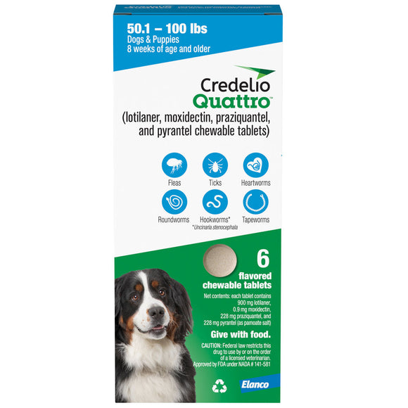 Credelio Quattro Flavored Chewable Tablets for Dogs - 50.1 to 100 lbs (Blue) / 6 Chewable Tablets (6 month supply)