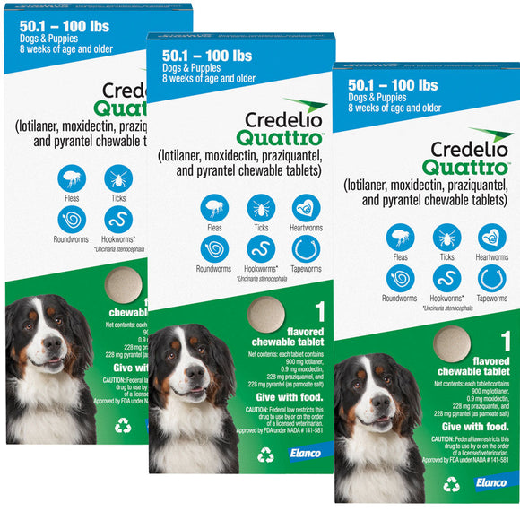 Credelio Quattro Flavored Chewable Tablets for Dogs - 50.1 to 100 lbs (Blue) / 3 Chewable Tablets (3 month supply)
