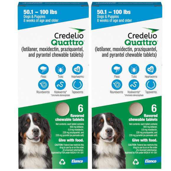 Credelio Quattro Flavored Chewable Tablets for Dogs - 50.1 to 100 lbs (Blue) / 12 Chewable Tablets (12 month supply)