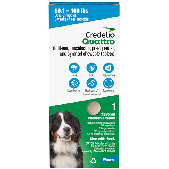 Credelio Quattro Flavored Chewable Tablets for Dogs - 50.1 to 100 lbs (Blue) / 1 Chewable Tablet (1 month supply) - Pet