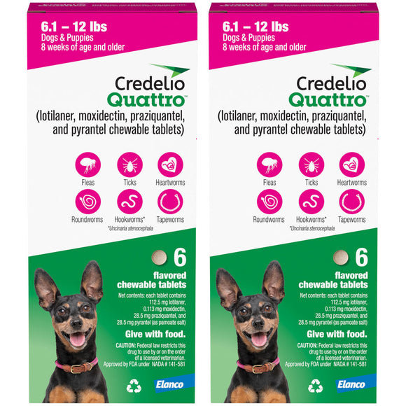 Credelio Quattro Flavored Chewable Tablets for Dogs - 6.1 to 12 lbs (Pink) / 12 Chewable Tablets (12 month supply)