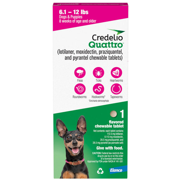 Credelio Quattro Flavored Chewable Tablets for Dogs - 6.1 to 12 lbs (Pink) / 1 Chewable Tablet (1 month supply) - Pet