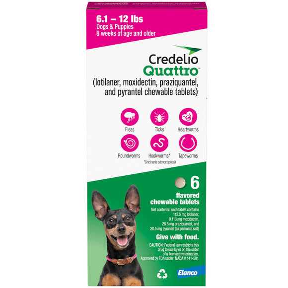 Credelio Quattro Flavored Chewable Tablets for Dogs - 6.1 to 12 lbs (Pink) / 6 Chewable Tablets (6 month supply) - Pet