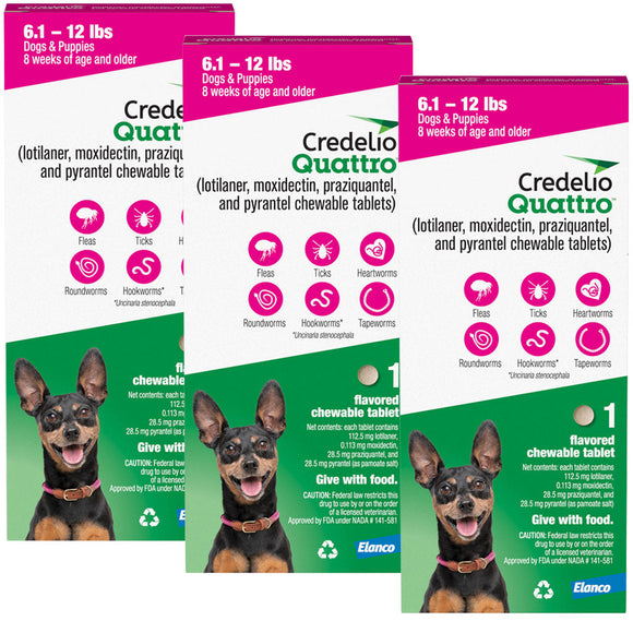 Credelio Quattro Flavored Chewable Tablets for Dogs - 6.1 to 12 lbs (Pink) / 3 Chewable Tablets (3 month supply) - Pet