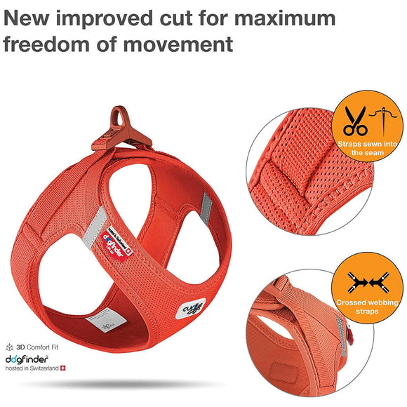Red dog harness with features highlighted on a white background
