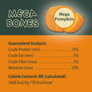 Mega Bones Mega Pumpkin product with guaranteed analysis and calorie content on an orange and green background.