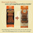 Two packages of Mega Bones Junior dog treats with text about new packaging design.