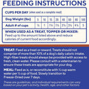 Feeding instructions for a pet food product on a blue background