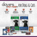Dave's Pet Food products for dogs and cats with text highlighting features on a white background.