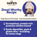 Advertisement for Dave's Pet Food with a pug eating from a bowl, highlighting a 'Drool-Worthy Recipe' for dogs.