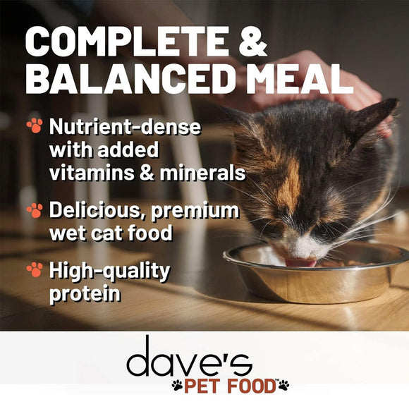 Cat drinking from a bowl with text about dave's pet food, including 'Complete & Balanced Meal' and brand logo.