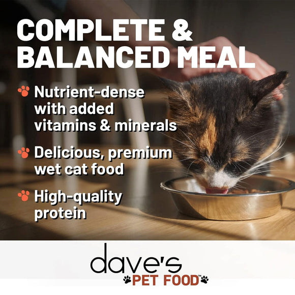 Cat drinking from a bowl with text about dave's pet food on a wooden surface.
