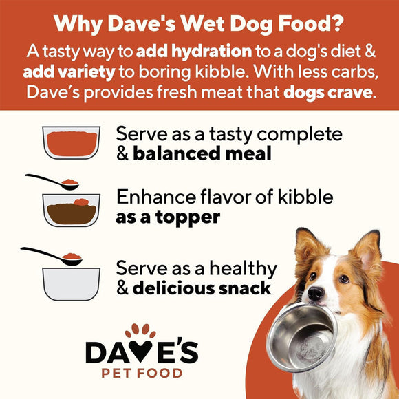 Advertisement for Dave's Pet Food with a dog holding a bowl and text about wet dog food benefits.