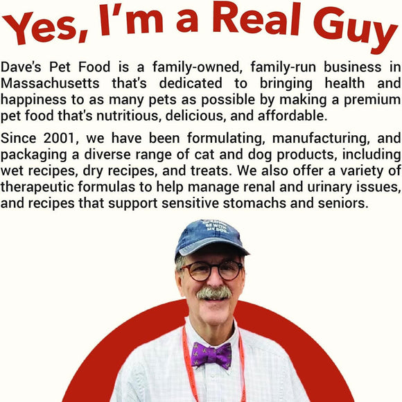 Advertisement for Dave's Pet Food with a man wearing a cap and bow tie, text about the brand's mission.