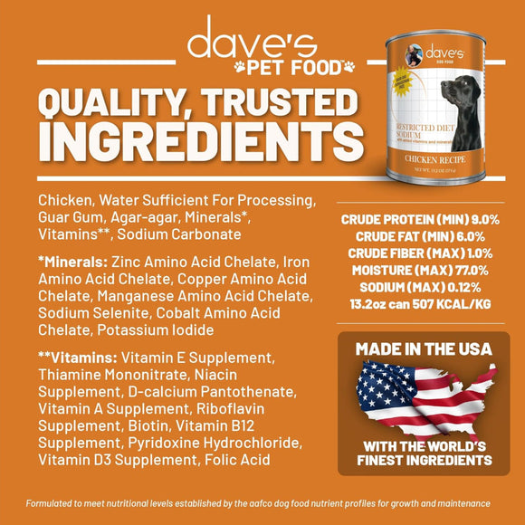 Dave's Pet Food Restricted Diet Sodium Chicken Recipe Wet Dog Food (13.2 oz, case of 12 cans)