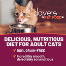 Cat looking into a bowl with 'dave's PET FOOD' branding and promotional text.