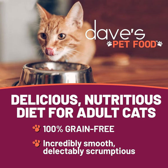 Cat looking into a bowl with 'dave's PET FOOD' branding and promotional text.