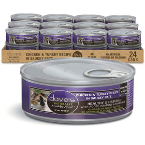 Dave's Pet Food Saucey Pate Chicken & Turkey Recipe Grain-Free Canned Wet Cat Food, 5.5-oz can, case of 24