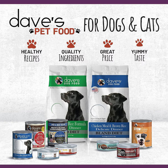 Dave's Pet Food products for dogs and cats on a white background with text highlighting features.